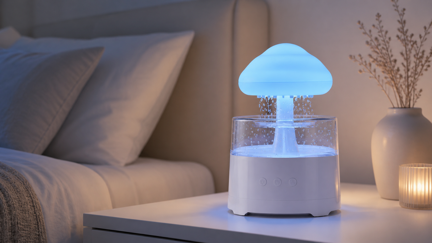 MistHaven Cloud Diffuser nel comodino — luce LED blu, gocce di pioggia